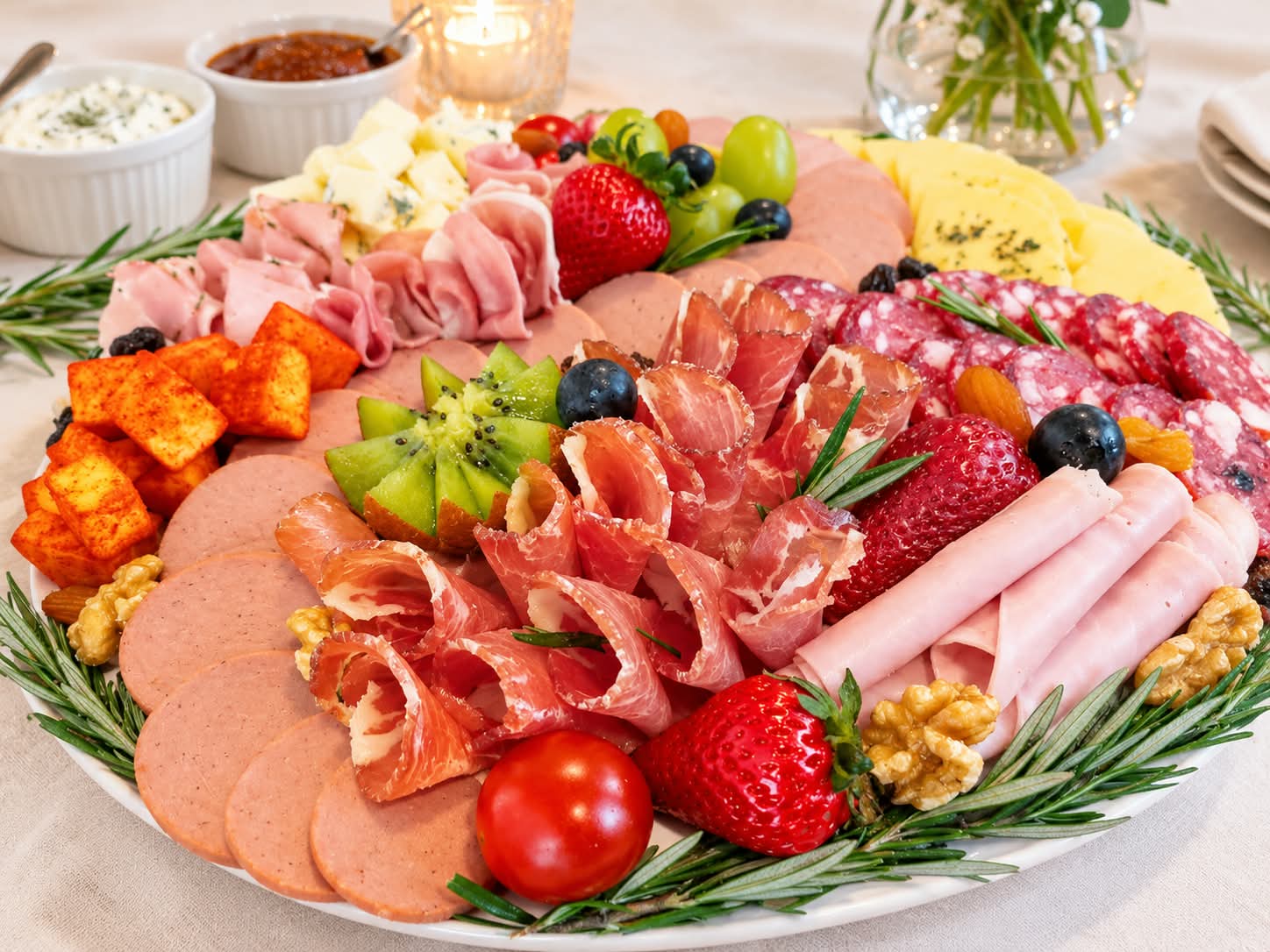 Picada Umami de autor con fiambres, quesos y frutas para eventos